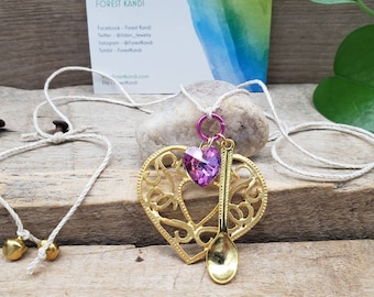 Spoonie Necklace, Pink Crystal Heart Charm Gold Heart Pendant Spoon Jewelry