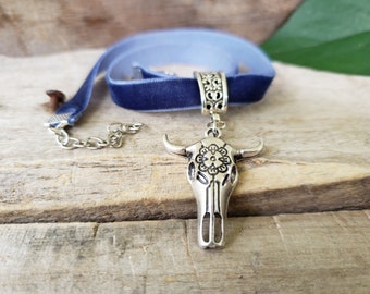 Blue Velvet Cow Skull Choker