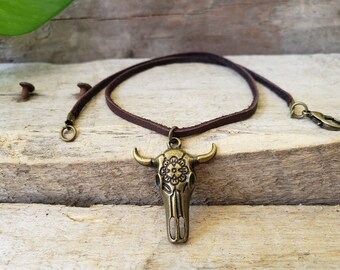 Leather Cow Skull Necklace