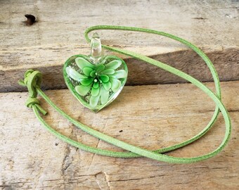 Blown Glass Heart Leather Necklace