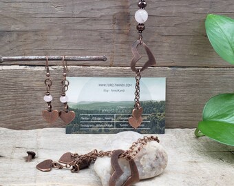 Copper and Rose Quartz Heart Necklace, Earring and Bracelet Set