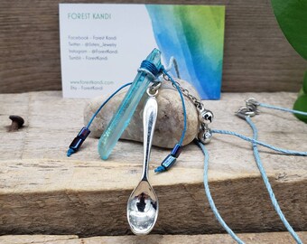 Spoonie Necklace, Blue Aura Quartz Crystal Point Womans Necklace
