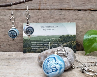 Moon and Stars Necklace and Earrings Set, Blue Ceramic Pendant and Charms