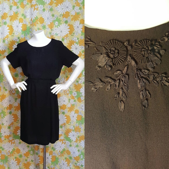 60s Vintage Black Rayon Dress Floral Large XL Love