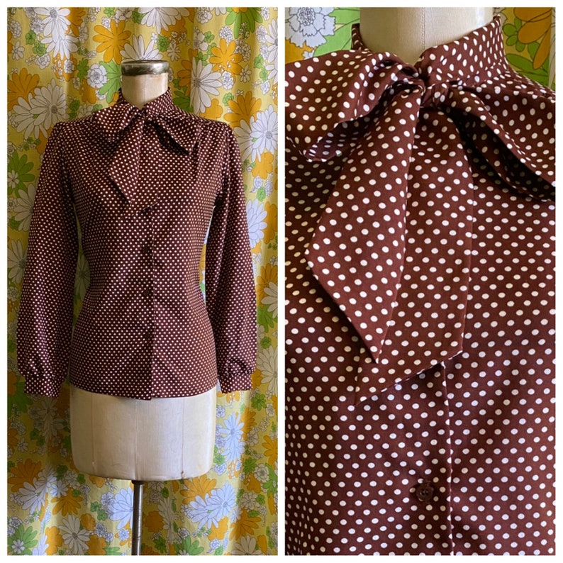 70s 80s Vintage Brown Polka Dot Pussy Bow Secretary Long Sleeve Blouse Medium Large Love Street Salvage