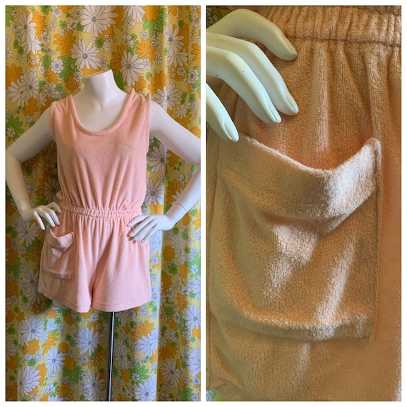 80s 90s Vintage Peach Terrycloth Romper Jumper Med