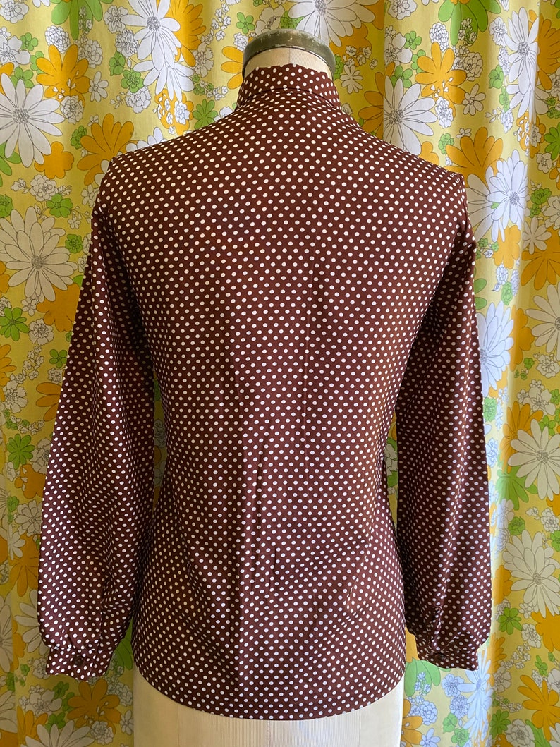 70s 80s Vintage Brown Polka Dot Pussy Bow Secretary Long Sleeve Blouse Medium Large Love Street Salvage