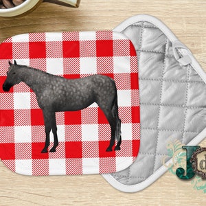 May include: Red and white checkered pot holder with a gray horse illustration.