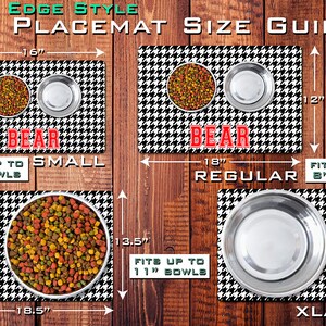 May include: A size guide for pet placemats with a houndstooth pattern. The guide shows three sizes: small (16 inches by 10 inches), regular (18 inches by 12 inches), and x-large (18.5 inches by 13.5 inches). Each size is labeled with the maximum bowl size it can accommodate.