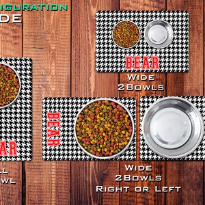 May include: A black and white houndstooth dog bowl mat with the word "BEAR" in red letters. The mat is shown with two different configurations: one with a single bowl and one with two bowls. The text "TALL 1 BOWL" and "WIDE 2 BOWLS" is shown below each mat.