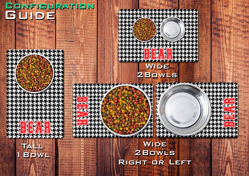 May include: A black and white houndstooth dog bowl mat with the word "BEAR" in red letters. The mat is shown with two different configurations: one with a single bowl and one with two bowls. The text "TALL 1 BOWL" and "WIDE 2 BOWLS" is shown below each mat.