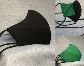 Black and Green Double-Layer Tie-back Face Mask 100% Cotton Reversible and Washable