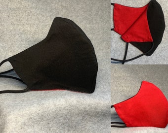 Black and Red Double-Layer Tie-back Face Mask 100% Cotton Reversible and Washable