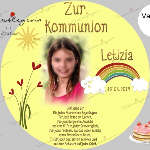 Cake topper for communion, confirmation, baptism, youth consecration, rainbow with or without photo