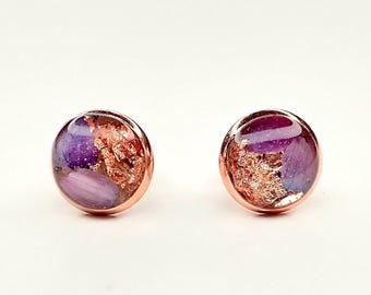 Earrings, stud earrings with rose gold plating (14 karat) 8 mm with delicate purple petals and resin - gift idea for women