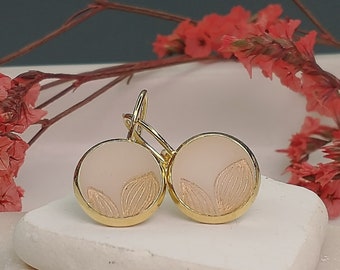 Delicate hanging earrings made of gold-plated stainless steel, polymer clay earrings decorated with a golden flower pattern, earrings 10 mm, gift idea for girlfriend