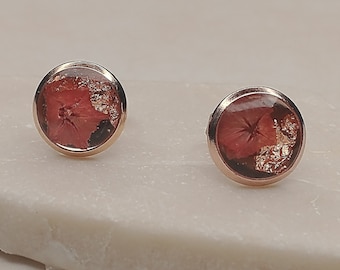 Rose gold stud earrings 8 mm diameter with metal flakes and a delicate red flower, gifts for her