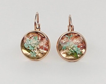 Rose gold drop earrings | 8 mm resin earrings with real turquoise & cream flowers | Handmade jewelry | Gift for her