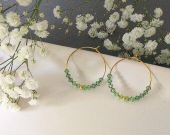 Gold hoop earrings, delicate golden earrings, pearl earrings, hoop earrings with delicate green Swarovski pearls, gift idea for girlfriend, hoop earrings 30 mm
