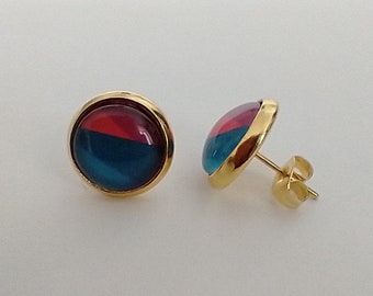 Kleine Ohrringe, Ohrstecker, 8 mm, gold, Geometrisches Motiv, blau und rot