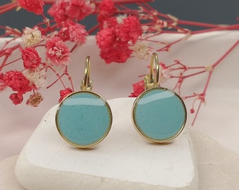 Earrings stainless steel gold plated, hanging earrings gold plated turquoise with cast resin, earrings 10 mm diameter, gift for best friend
