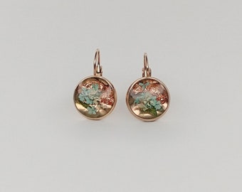 Earrings, earrings, hanging earrings rose gold 8 mm with real flowers, turquoise and cream with casting resin