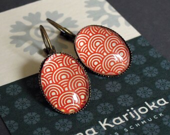 Earrings bronze oval red white graphic pattern