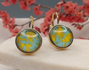 Earrings, hanging earrings gold, 10 mm diameter, glass cabochon with flower pattern turquoise and yellow, gift for her