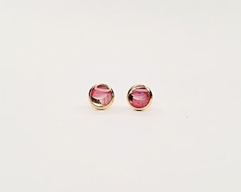 Earrings, gold-plated stainless steel earrings, 6 mm diameter with rose petals, delicate pink, wedding