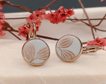 Earrings rose gold, hanging earrings rose gold, polymer clay earrings light grey with flower pattern, 10 mm diameter, gift idea girlfriend