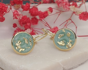 Earrings gold-plated stainless steel with polymer clay turquoise and flower pattern, diameter 10 mm, Easter gift for girlfriend