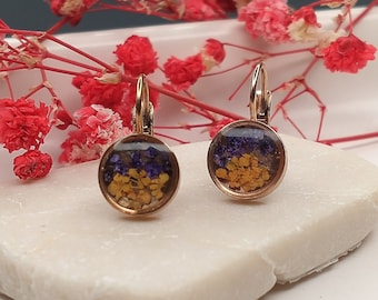 Boucles d'oreilles, boucles d'oreilles, boucles d'oreilles pendantes en or rose avec de vraies fleurs violettes et oranges, diamètre 8 mm, cadeau pour petite amie