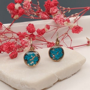 Earrings, hanging earrings stainless steel rose gold, 10 mm real turquoise flowers with cast resin, resin