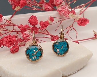 Earrings, drop earrings, rose gold stainless steel, 10 mm genuine turquoise flowers with resin casting