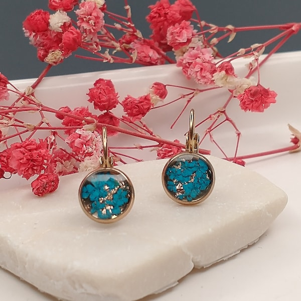 Earrings, hanging earrings stainless steel rose gold, 10 mm real turquoise flowers with cast resin, resin