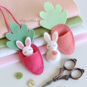 FELT BUNNY PDF Pattern 'Bitty Bunnies' Easter pattern mini rabbit with felt carrot sleeping bag, necklace, embroidery, sewing image 3