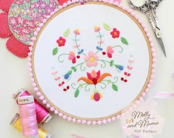 PDF Pattern 'Flora Fiesta' - Floral Hand Embroidery Design and Template, Hoop Art, Backstitch, Satin Stitch, Mexican embroidery style