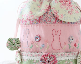 EASTER DILLY Bag PDF Sewing Pattern - Sew A Drawstring bag with pretty petals, embroidered bunny and flowers, fabric yoyo's & side pockets