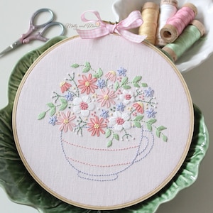 PDF PATTERN 'Tea Time Posy Stitchery' Floral Hand Embroidery Design and Template for Stitchery, With Hoop Art Display Instructions image 1