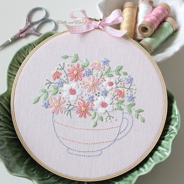 PDF PATTERN 'Tea Time Posy Stitchery' - Floral Hand Embroidery Design and Template for Stitchery, With Hoop Art Display Instructions