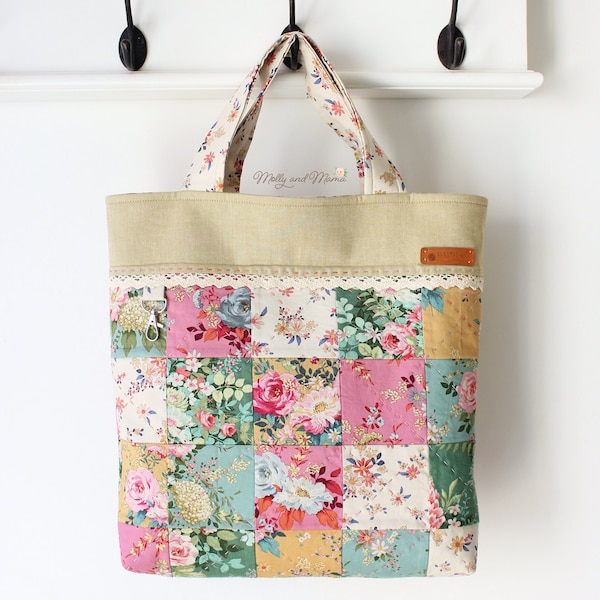 Clara Tote Bag Sewing Pattern - PDF instant download for beginner friendly patchwork shopping bag