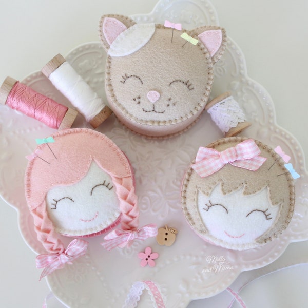 Miss Molly and Friends Pin Cushion Trio - PDF Felt pincushion sewing pattern - wool felt pincushions, hand embroidery