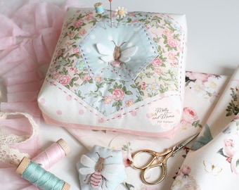 Serious Sewist&#39;s Set with felt bee and hexagons- PDF sewing pattern for English paper pieced, large, boxed pincushion, and scissor charm