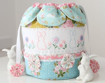 EASTER DILLY Bag PDF Sewing Pattern - Sew A Drawstring bag with pretty petals, embroidered bunny and flowers, fabric yoyos & side pockets