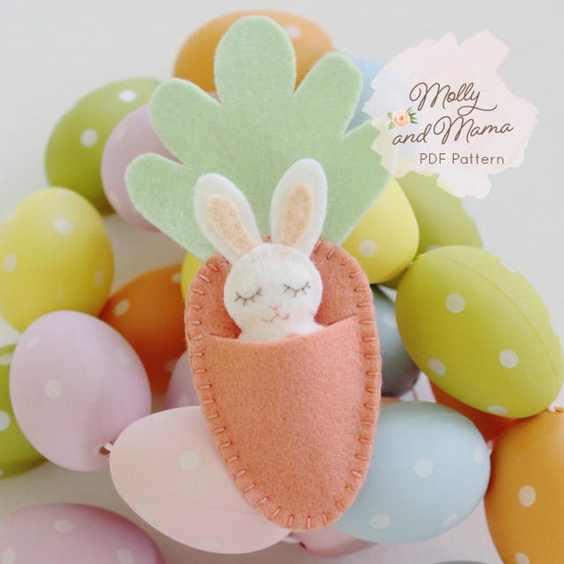 FELT BUNNY PDF Pattern 'Bitty Bunnies' Easter pattern mini rabbit with felt carrot sleeping bag, necklace, embroidery, sewing image 8