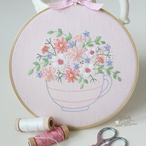 PDF PATTERN 'Tea Time Posy Stitchery' Floral Hand Embroidery Design and Template for Stitchery, With Hoop Art Display Instructions image 5