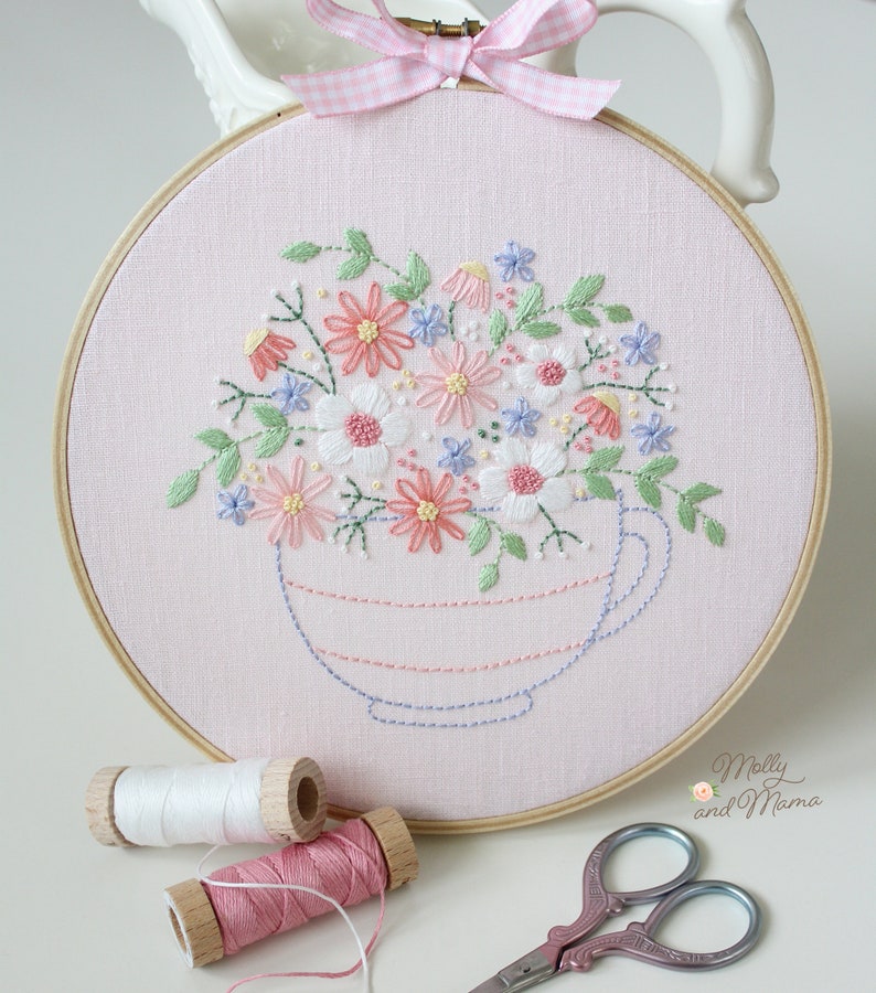 PDF PATTERN 'Tea Time Posy Stitchery' Floral Hand Embroidery Design and Template for Stitchery, With Hoop Art Display Instructions image 5