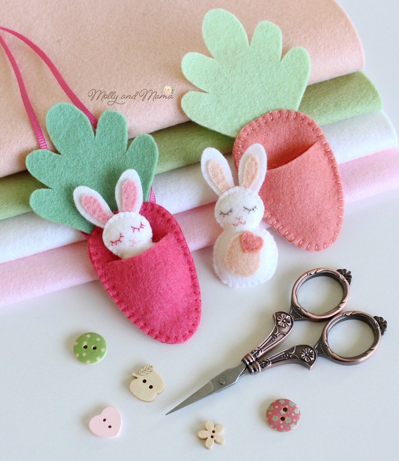 FELT BUNNY PDF Pattern 'Bitty Bunnies' Easter pattern mini rabbit with felt carrot sleeping bag, necklace, embroidery, sewing image 3