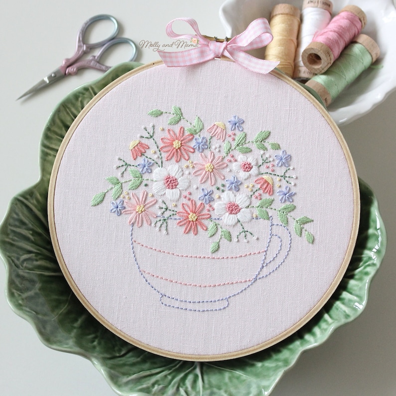 PDF PATTERN 'Tea Time Posy Stitchery' Floral Hand Embroidery Design and Template for Stitchery, With Hoop Art Display Instructions image 1