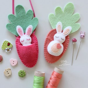 FELT BUNNY PDF Pattern 'Bitty Bunnies' Easter pattern mini rabbit with felt carrot sleeping bag, necklace, embroidery, sewing image 7